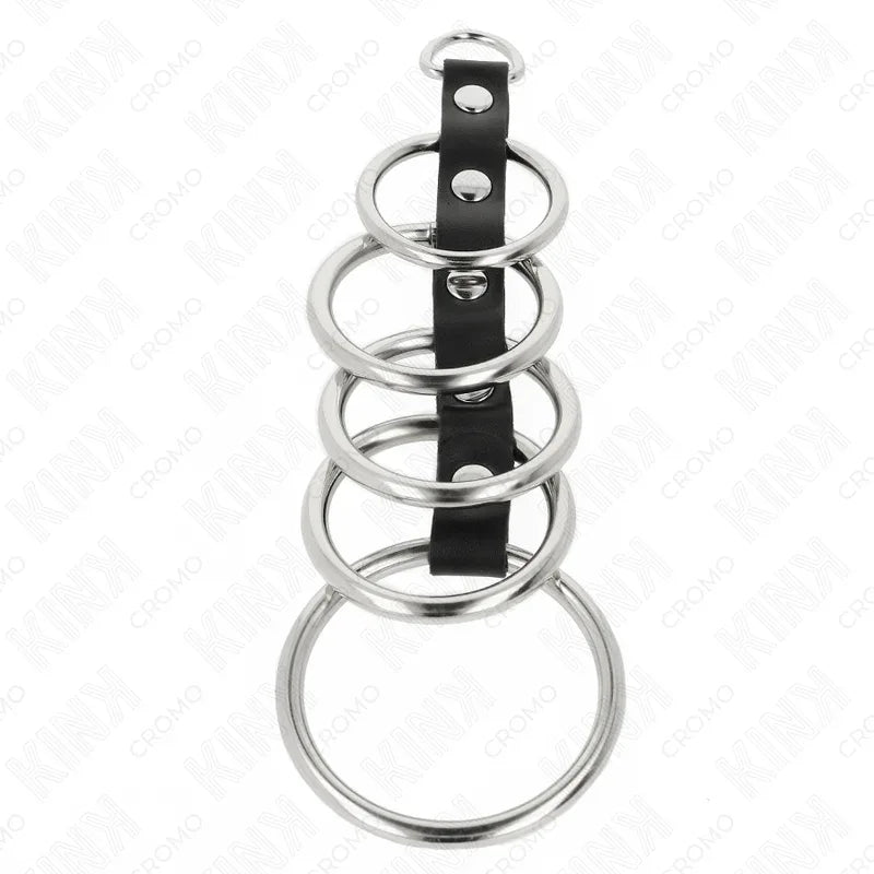 Kink 5 Anneaux Pénis en Métal de 3,2 cm à 5 cm Connectés Par du Cuir