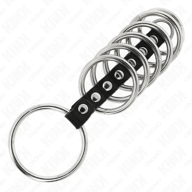 Kink 7 Anneaux Pénis en Métal de 3,2 cm à 5 cm Connectés Par du Cuir