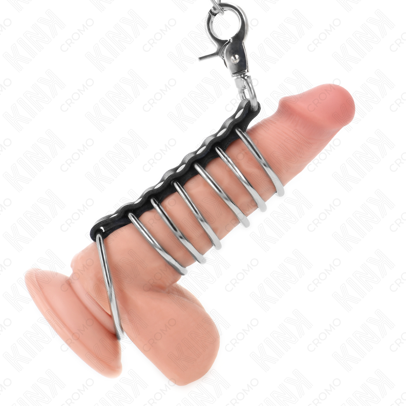 KINK - 7 ANILLOS METÁLICOS PARA EL PENE DE 3,8 CM A 5 CM CONECTADOS CON CUERO Y UNA CADENA METÁLICA DE 100 CM