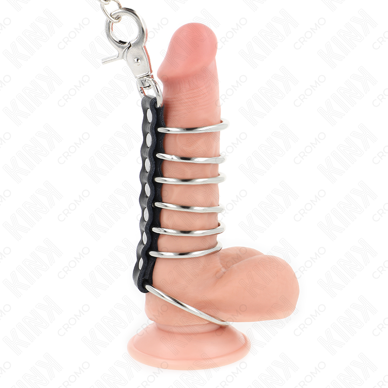KINK - 7 ANILLOS METÁLICOS PARA EL PENE DE 3,8 CM A 5 CM CONECTADOS CON CUERO Y UNA CADENA METÁLICA DE 100 CM
