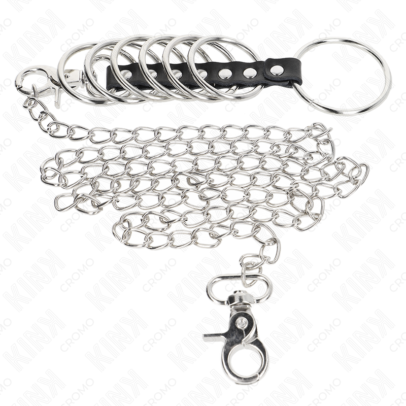 KINK - 7 ANILLOS METÁLICOS PARA EL PENE DE 3,8 CM A 5 CM CONECTADOS CON CUERO Y UNA CADENA METÁLICA DE 100 CM