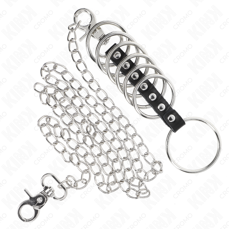 KINK - 7 ANILLOS METÁLICOS PARA EL PENE DE 3,8 CM A 5 CM CONECTADOS CON CUERO Y UNA CADENA METÁLICA DE 100 CM