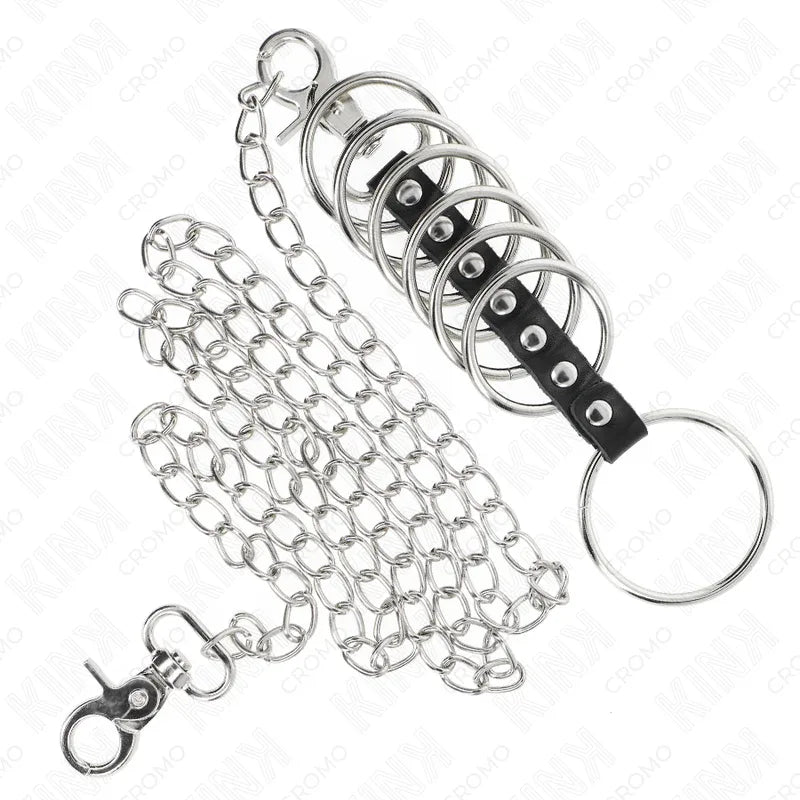 Kink 7 Anneaux Pénis en Métal de 3,8 cm à 5 cm Connectés avec du Cuir et une Chaîne en Métal 100 cm