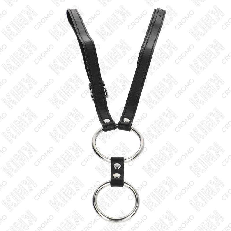 KINK - ANILLO DOBLE DE METAL PARA EL PENE DE 3,8 CM A 5 CM CON CINTURÓN DE CUERO DE 112 CM