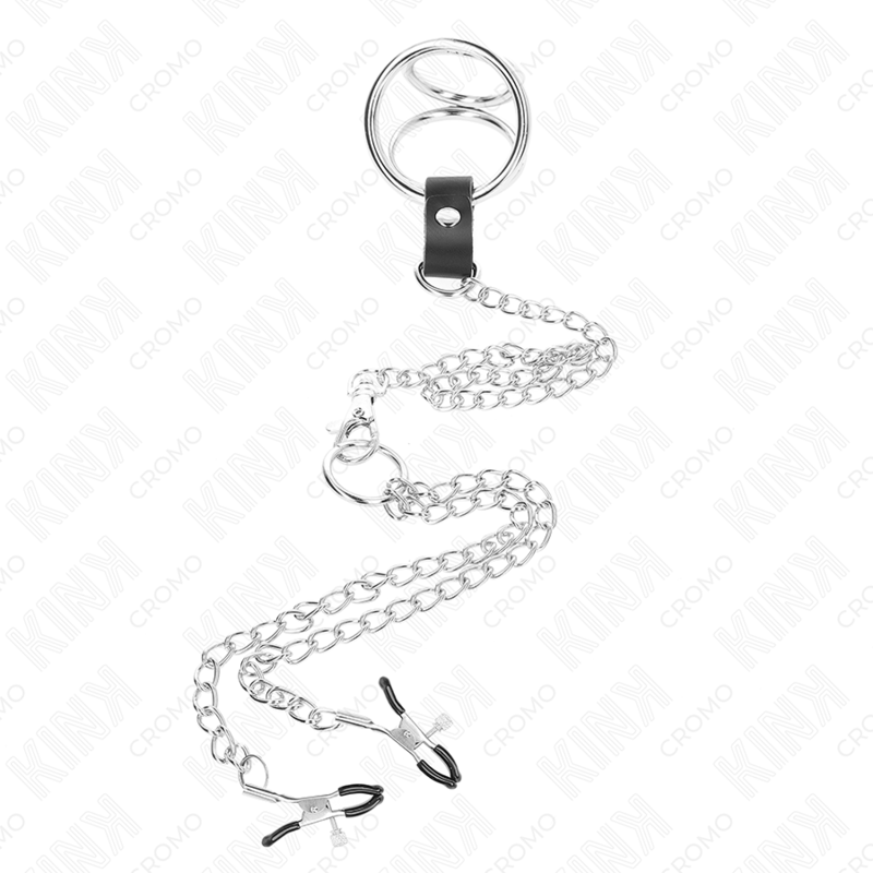 KINK - ANILLO PARA PENE DE METAL CROMADO TRIPLE DE 1.5" A 2" CON CADENA DE METAL DE 10.25" Y PINZAS PARA PEZONES MODELO 1