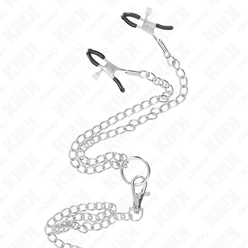 KINK - ANILLO PARA PENE DE METAL CROMADO TRIPLE DE 1.5" A 2" CON CADENA DE METAL DE 10.25" Y PINZAS PARA PEZONES MODELO 1