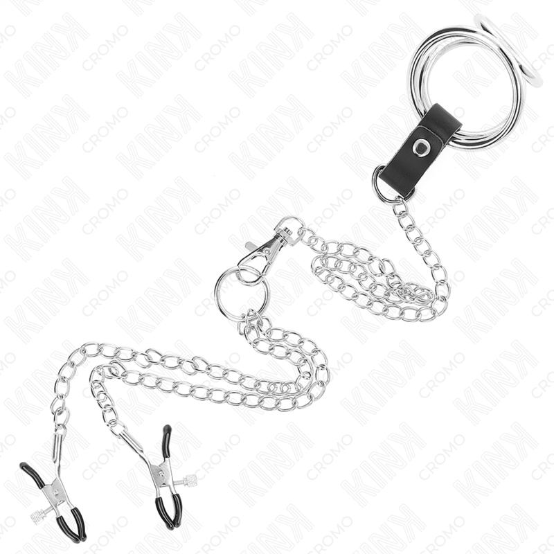 KINK - ANILLO PARA PENE DE METAL CROMADO TRIPLE DE 1.5" A 2" CON CADENA DE METAL DE 10.25" Y PINZAS PARA PEZONES MODELO 1