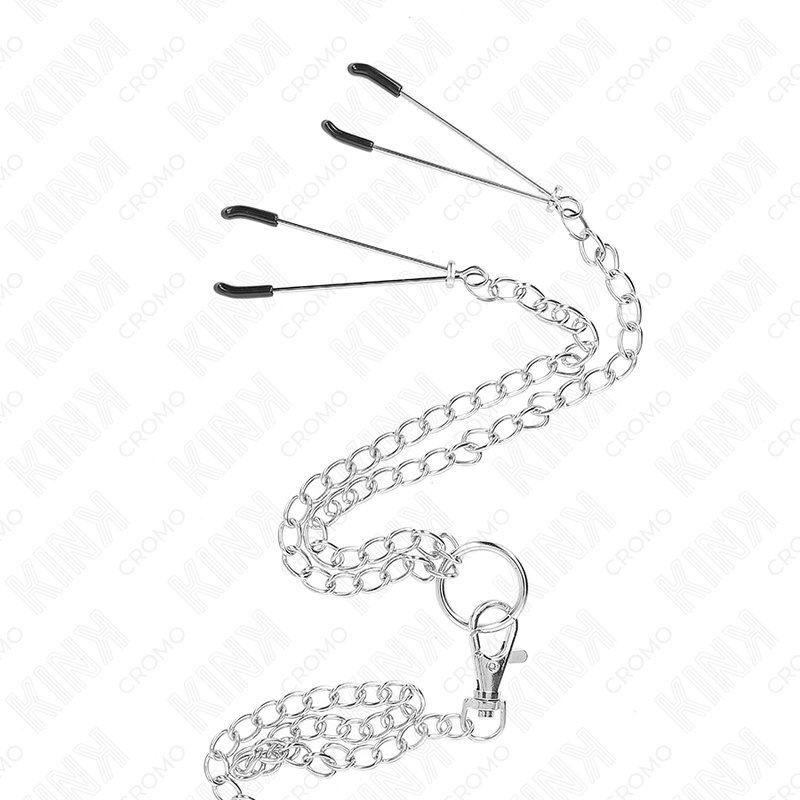 KINK - ANILLO PARA PENE DE METAL CROMADO TRIPLE DE 1.5" A 2" CON CADENA DE METAL DE 10.25" Y PINZAS PARA PEZONES, MODELO 2