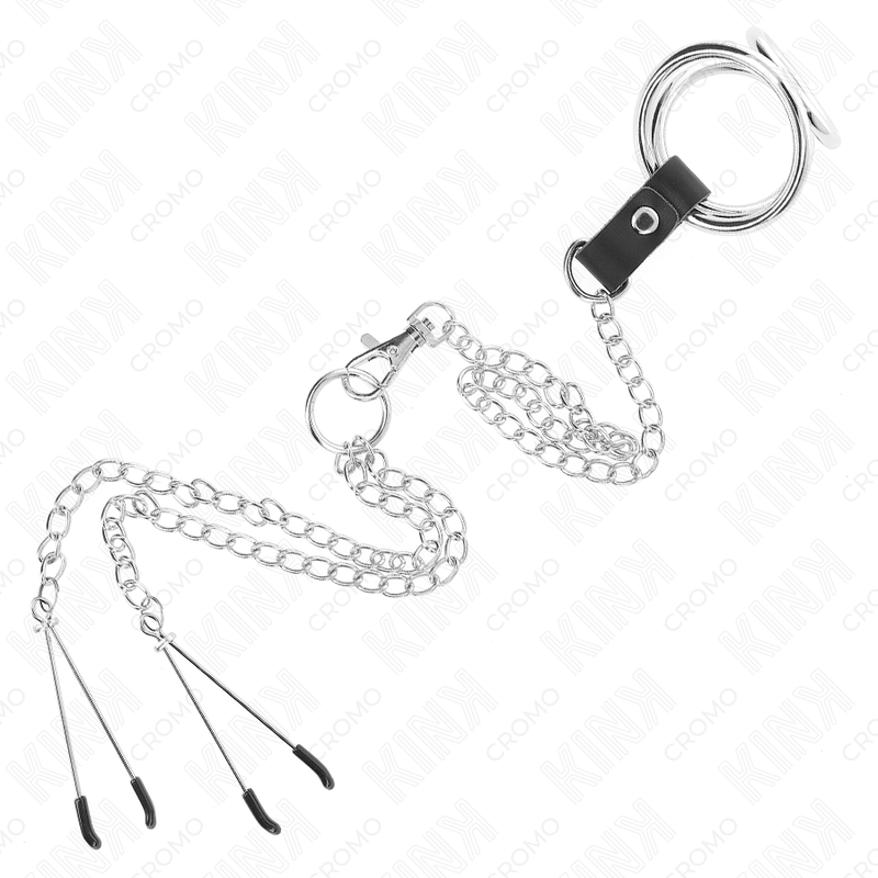KINK - ANILLO PARA PENE DE METAL CROMADO TRIPLE DE 1.5" A 2" CON CADENA DE METAL DE 10.25" Y PINZAS PARA PEZONES, MODELO 2