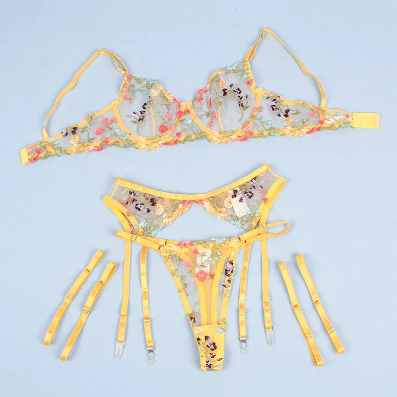 Subblime – 954345 Soutien Gorge + String + Porte Jarretelles Motif Floral Jaune S / M
