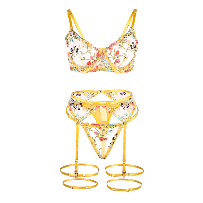 SUBBLIME - 954352 SUJETADOR + TANGA + LIGUERO ESTAMPADO FLORAL AMARILLO L/XL
