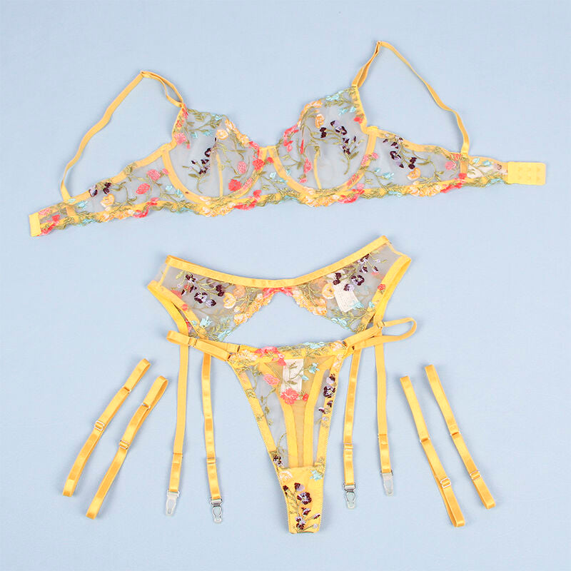 SUBBLIME - 954352 SUJETADOR + TANGA + LIGUERO ESTAMPADO FLORAL AMARILLO L/XL