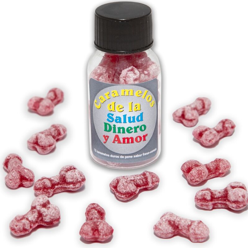 DIABLO PICANTE - 12 CARAMELOS DE FRESA/CEREZA CON FORMA DE PENE PARA SALUD, DINERO Y AMOR