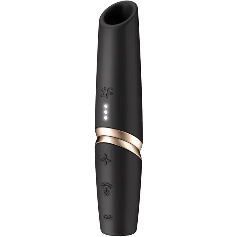 Satisfyer Perfect Kiss Wave noir avec anneau doré, ouverture inclinée et boutons en façade