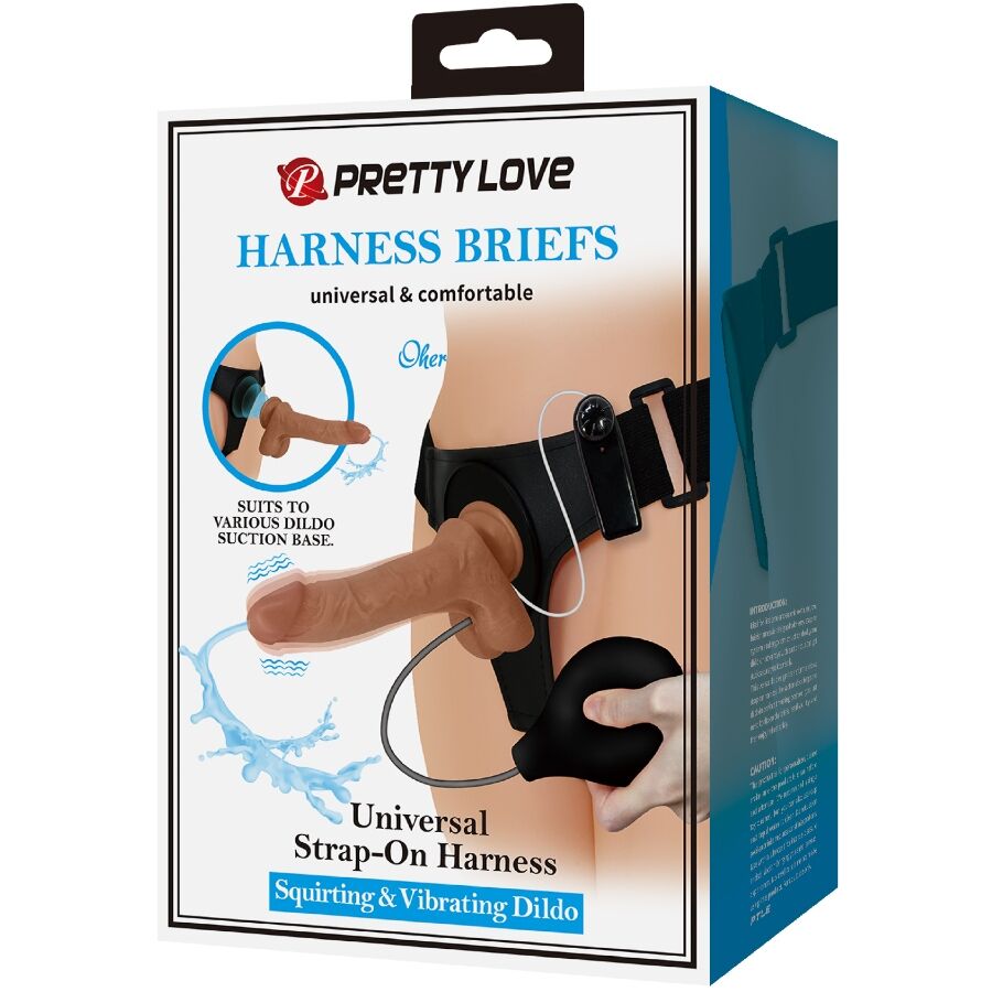 PRETTY LOVE - SLIP HARNAIS UNIVERSEL AVEC GODE VIBRANT ET SQUIRTING 15.5 CM MULATO