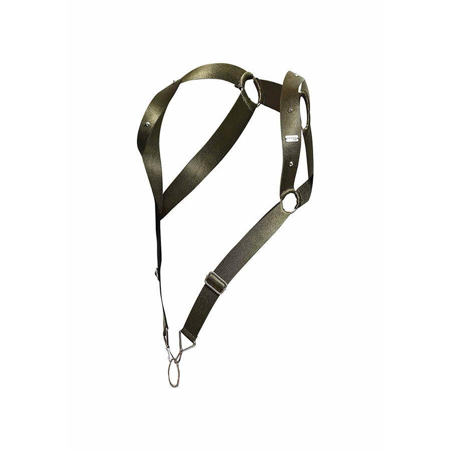Harnais homme MOB DNGEON Straight Back vert kaki seul sur fond blanc, vue arrière