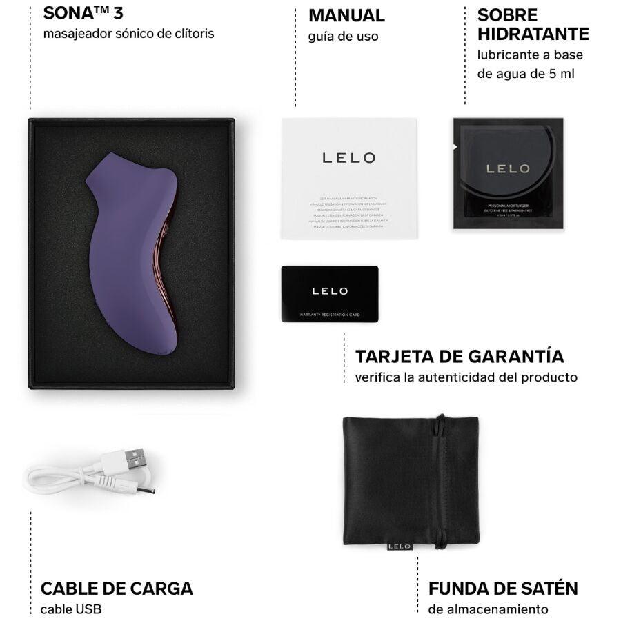 Coffret LELO SONA 3 Cyber Purple avec appareil, câble USB, pochette et documents