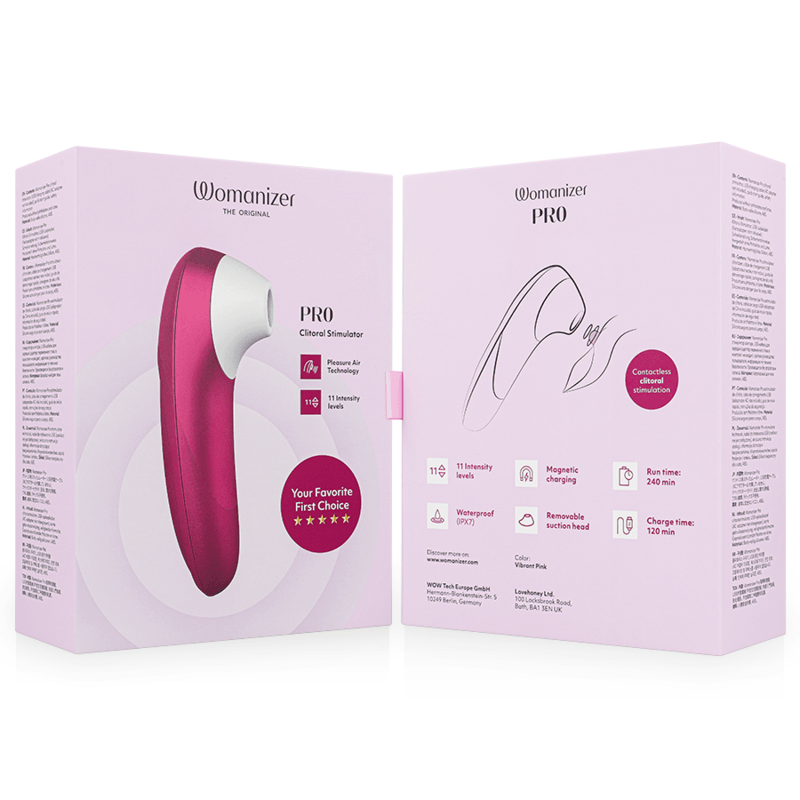 Face avant et arrière de la boîte du Womanizer Pro rose vif