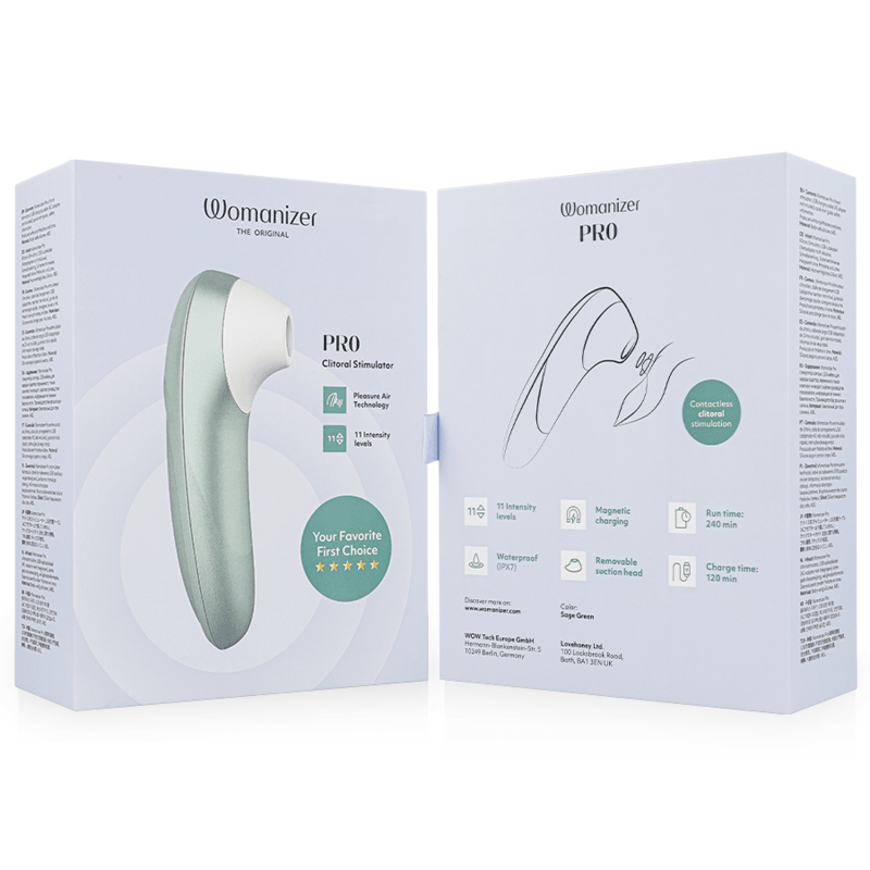 Face avant et arrière de la boîte du Womanizer Pro vert sauge