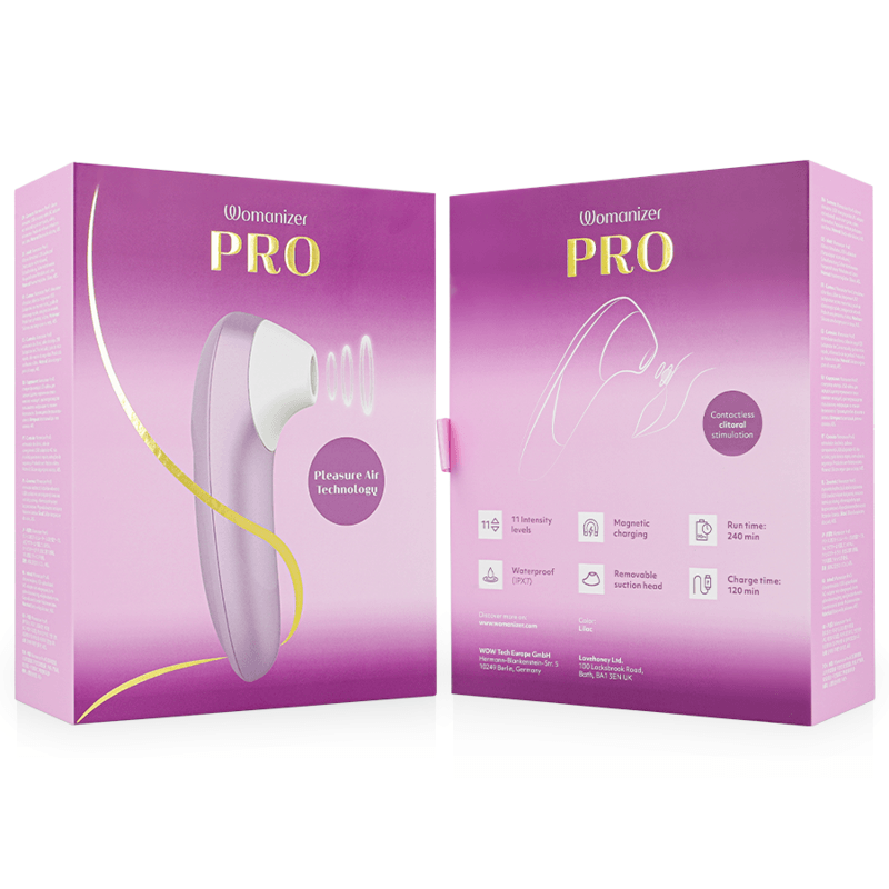 Face avant et arrière de la boîte du Womanizer Pro lilas