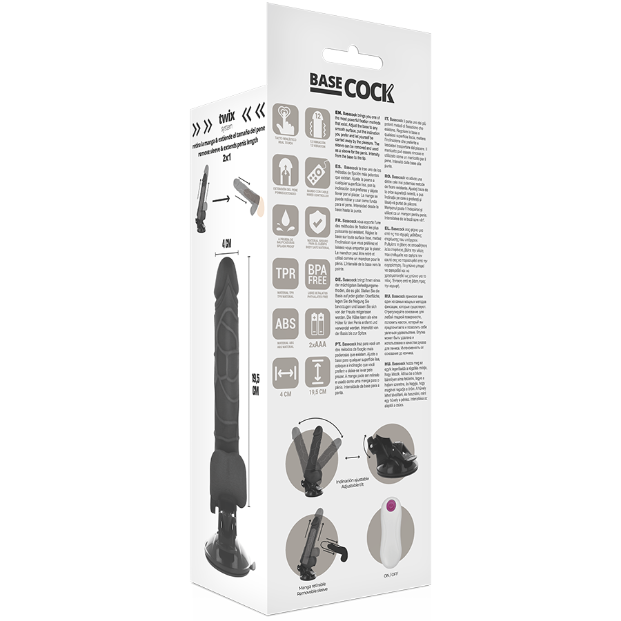 BASECOCK - VIBRADOR CONTROL REMOTO NEGRO REALISTA CON TESTICULOS 19.5 CM -O- 4 CM