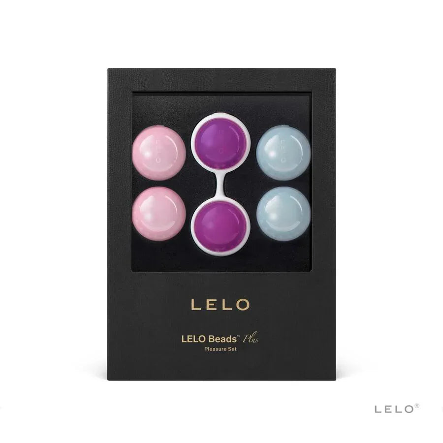 Coffret noir LELO LUNA Beads Plus présentant six boules roses, bleues et violettes avec un support blanc