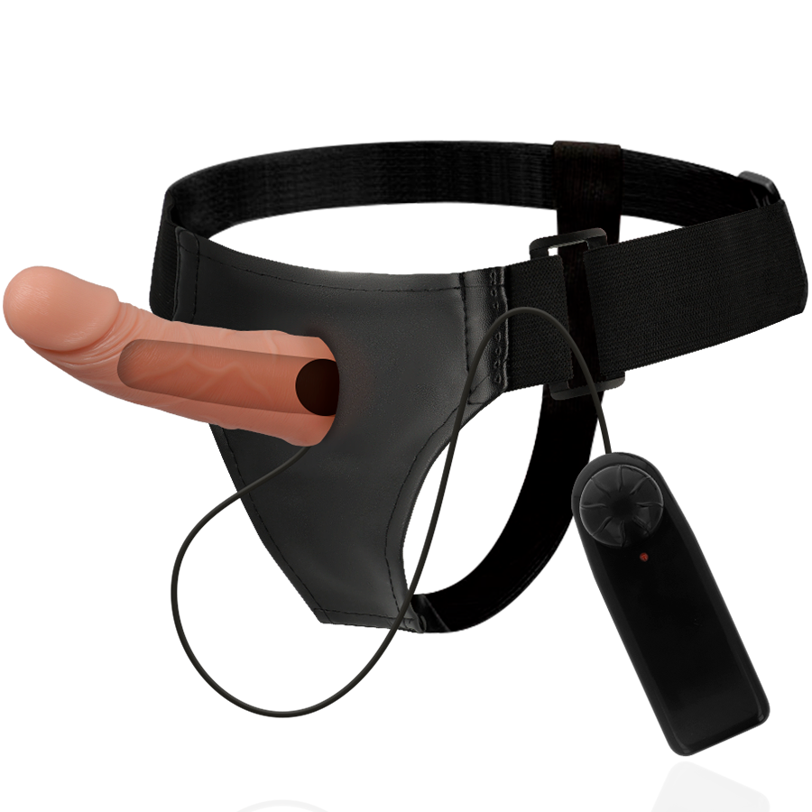 ARNÉS ATRACCIÓN - RIENDAS DE MARCO HUECO CON VIBRADOR 15 CM -O- 5 CM
