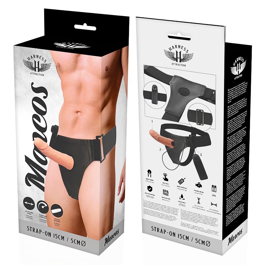 ARNÉS ATRACCIÓN - RIENDAS DE MARCO HUECO CON VIBRADOR 15 CM -O- 5 CM
