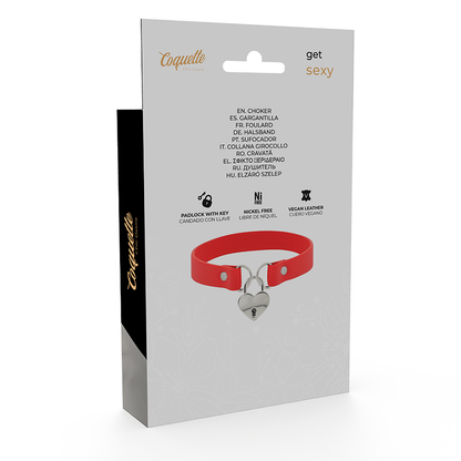 COQUETTE CHIC DESIRE - COLLAR DE CUERO VEGANO ROJO CON ACCESORIO DE CORAZÓN ¿CON LLAVE?