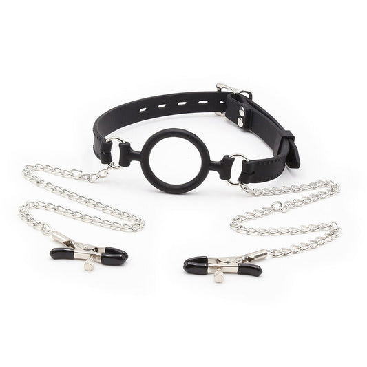 OHMAMA FETISH - MORDAZA DE ANILLO CON CADENAS Y PINZAS DE TELÉFONO