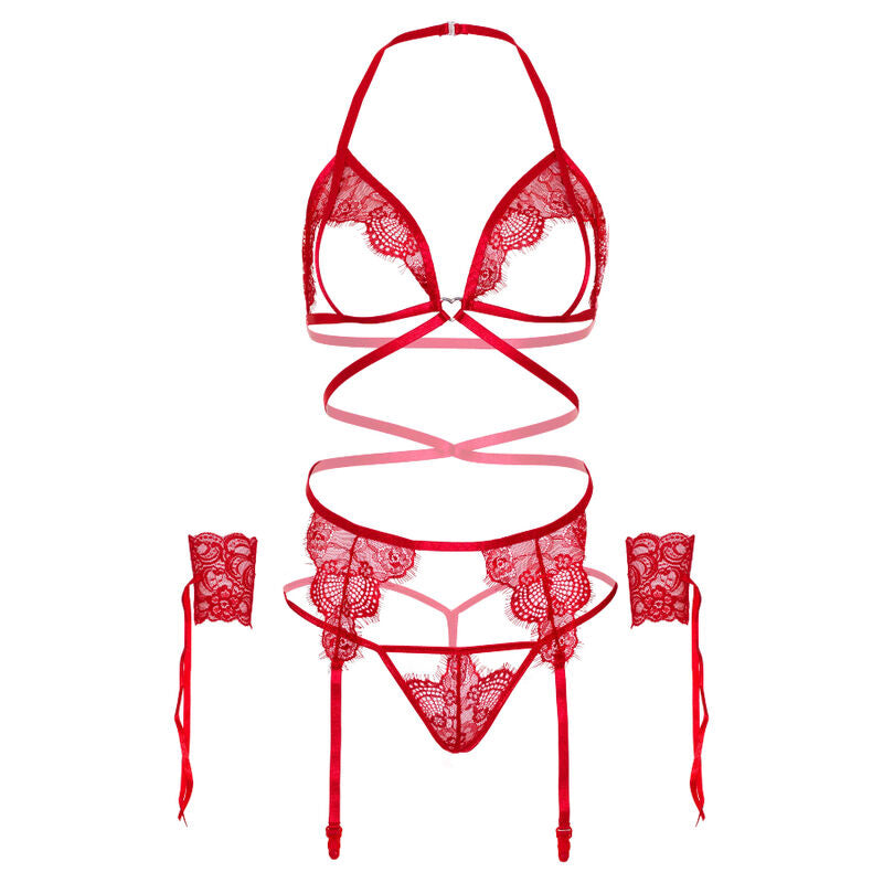 LEG AVENUE - ENSEMBLE QUATRE PIÈCES SOUTIEN-GORGE, STRING, PORTE-JARRETELLES ET POIGNETS TAILLE UNIQUE - ROUGE