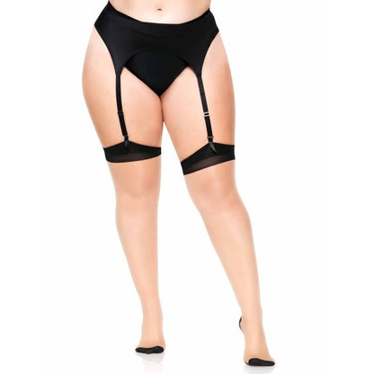 LEG AVENUE - PLUS MEDIAS HASTA EL MUSLO DE LYCRA TRANSPARENTE DE 2 TONOS CON COSTURA TRASERA Y TACÓN CUBANO