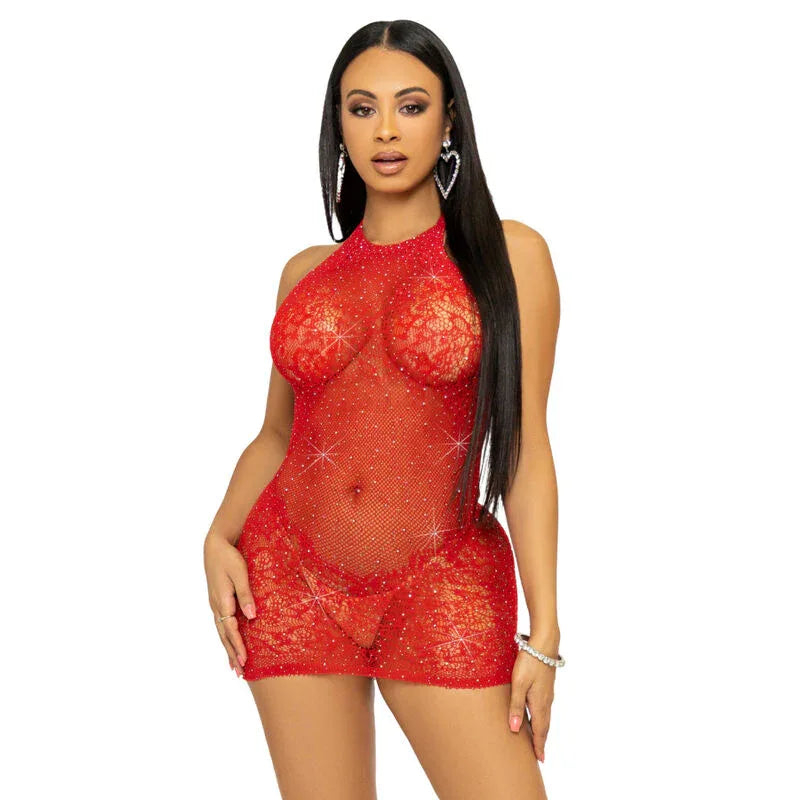 Leg Avenue – Rhinestone Halter Mini Robe taille Unique – Blanc