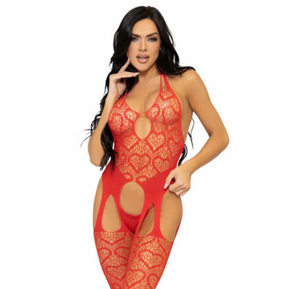 Leg Avenue – Bodystocking Jarretelles en Filet taille Unique – Rouge