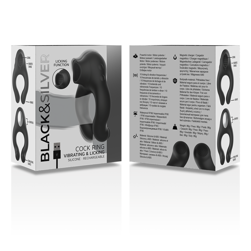 Anneau vibrateur en silicone 3 moteurs rechargeable noir – Black & Silver
