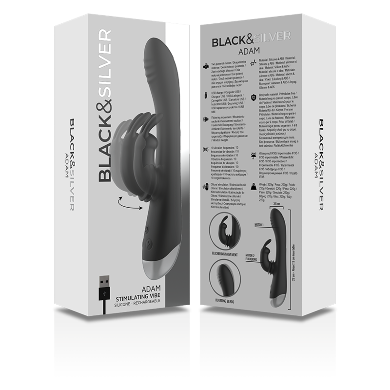 Dj. stimulateur de lapin rechargeable en silicone adam noir – Black & Silver