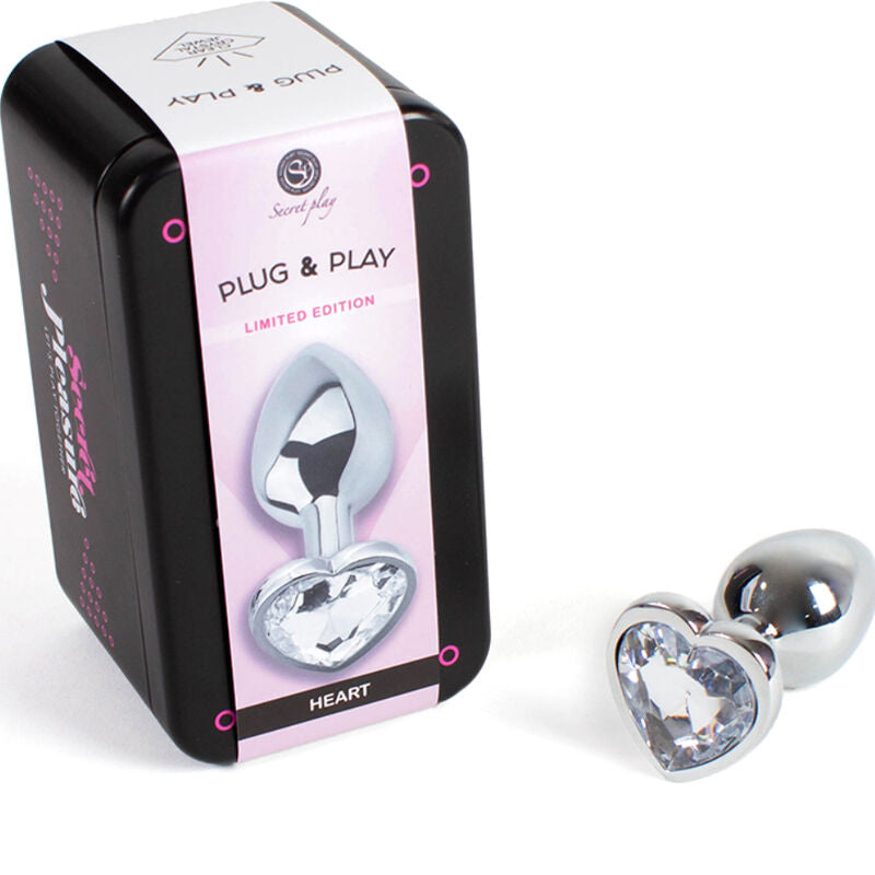 SECRETPLAY - PLUG ANAL DE METAL CORAZÓN CRISTAL TRANSPARENTE TAMAÑO PEQUEÑO 7 CM