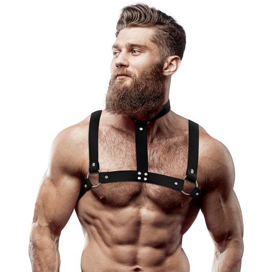 ACTITUD SUMISA FETISH - ARNÉS DE PECHO AJUSTABLE DE CUERO ECOLÓGICO CON COLLAR PARA HOMBRES