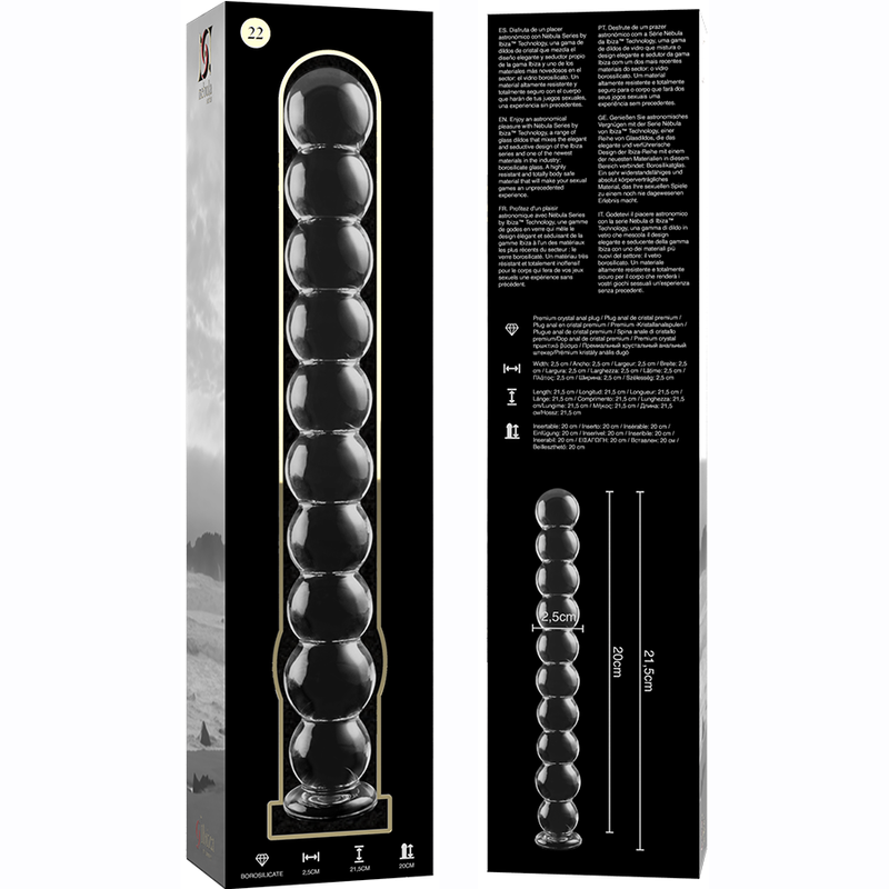 Modèle 22 gode en verre borosilicate clair 21.5 cm -o- 2.5 cm – Nebula Series By Ibiza