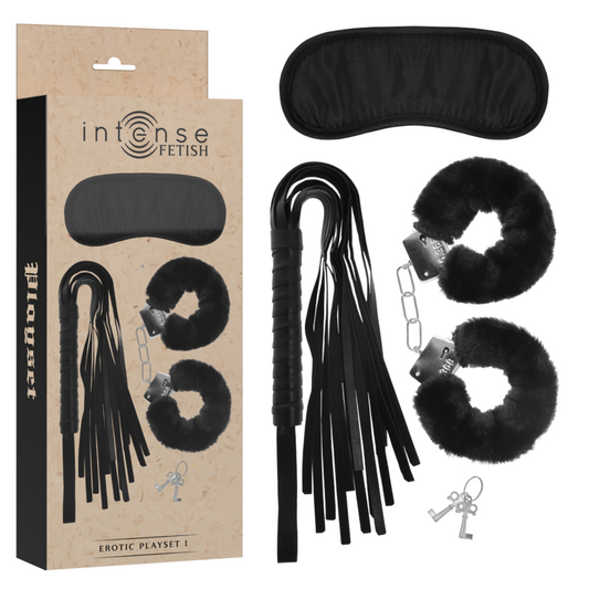 INTENSO - JUEGO FETICHE ERÓTICO 1 CON ESPOSAS, MÁSCARA CIEGA Y FLOGGER