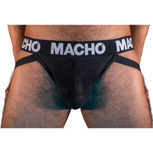 Jockstrap Macho MX25NN noir semi-transparent, porté de face
