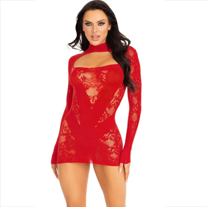 Leg Avenue – Mini Robe avec Dentelle Manches Longues Rouge