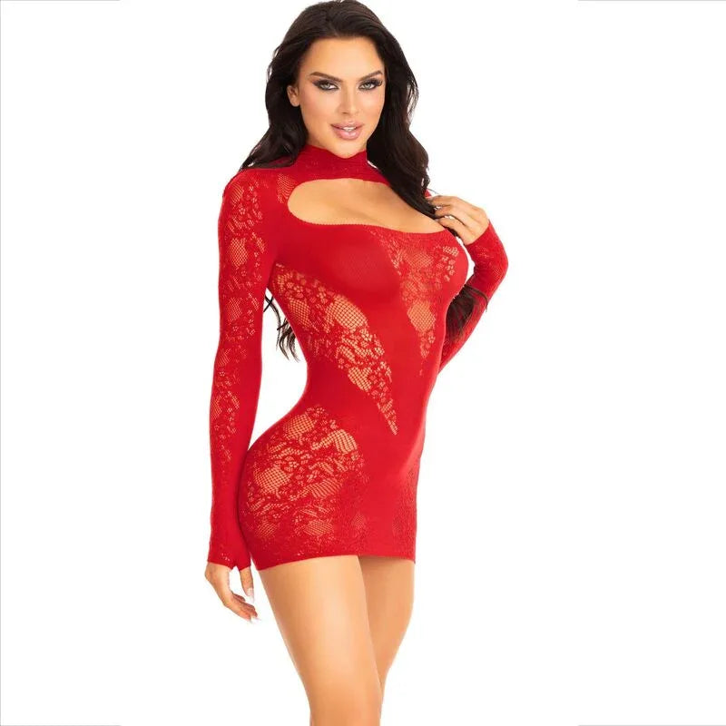 Leg Avenue – Mini Robe avec Dentelle Manches Longues Rouge