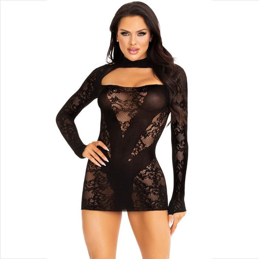 LEG AVENUE - MINI VESTIDO DE ENCAJE NEGRO CON MANGAS LARGAS