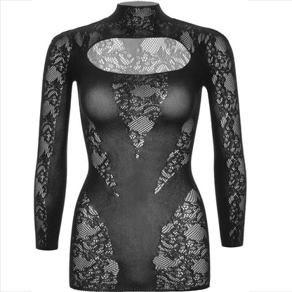 LEG AVENUE - MINI VESTIDO DE ENCAJE NEGRO CON MANGAS LARGAS