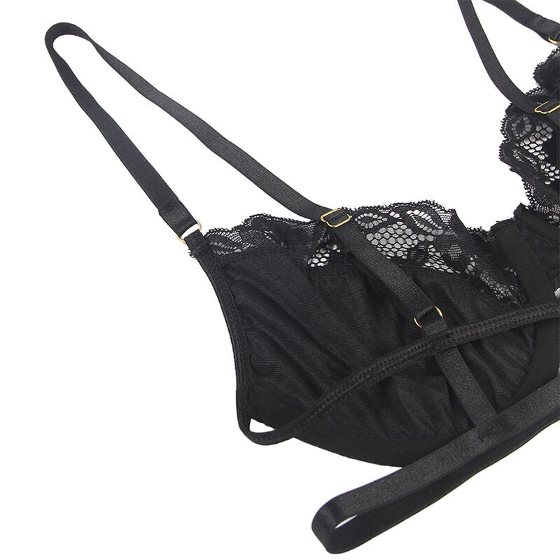 SUBBLIME - CONJUNTO DE 3 PIEZAS SUJETADOR + TANGA + LIGA DE ENCAJE NEGRO L/XL