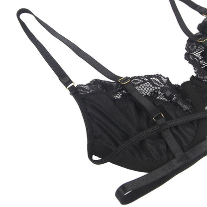 SUBBLIME - CONJUNTO DE 3 PIEZAS SUJETADOR + TANGA + LIGA DE ENCAJE NEGRO L/XL