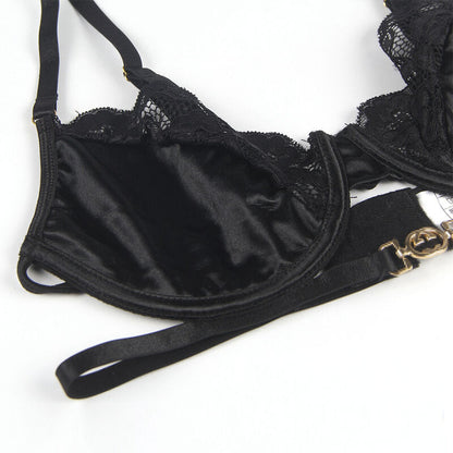 SUBBLIME - CONJUNTO DE 3 PIEZAS SUJETADOR + TANGA + LIGA DE ENCAJE NEGRO L/XL