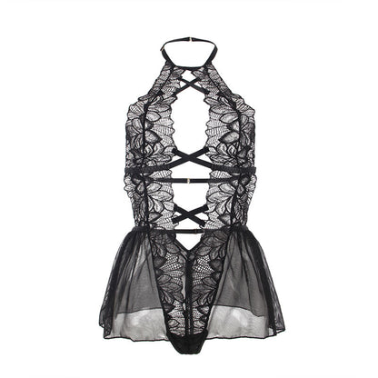 SUBBLIME - HALTER NECK TEDDY WITH OPEN BACK IN BLACK LACE S/M