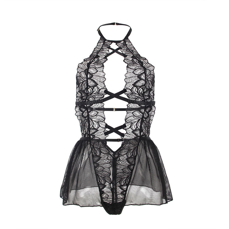 SUBBLIME - HALTER NECK TEDDY WITH OPEN BACK IN BLACK LACE S/M